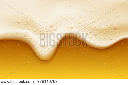 Realistic Beer Foam With Bubbles. Beer Glass With A Cold Drink. Background For Bar Design, Oktoberfe