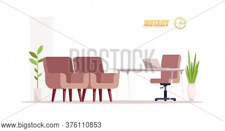 Empty Notary Office Semi Flat Rgb Color Vector Illustration. Desk And 3 Chair For Customer Visit. Me