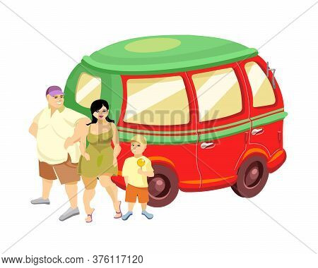 A Family With A Child Stand Near A Red Car. The Inscription Family. Vector Illustration