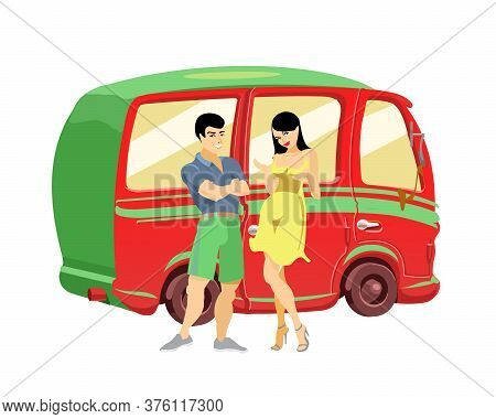 Young Married Couple On A Background Of A Red Car. A Family. Vector Illustration