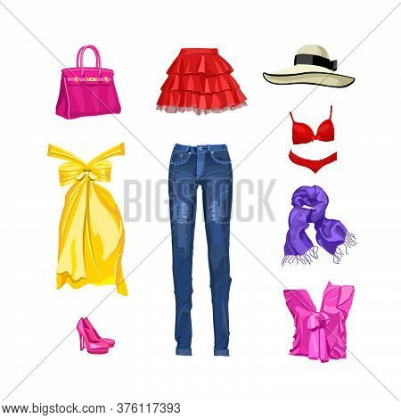 Set Of Women's Clothing And Accessories. Skirt, Jeans, Dress, Top, Scarf, Hat, Underwear, Shoes, Bag