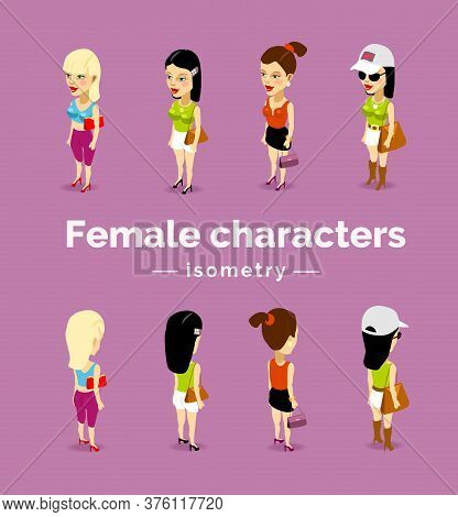 Female Characters On A Colored Isolated Isometric Background. Vector Set Illustration