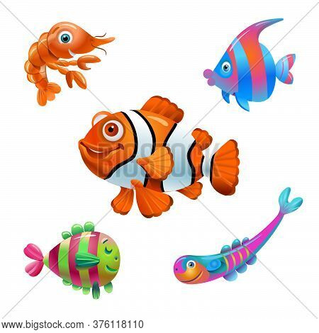 Vector Fish On A White Background. Cartoon Fish Characters. Isolated Fish On A White Background. Sea