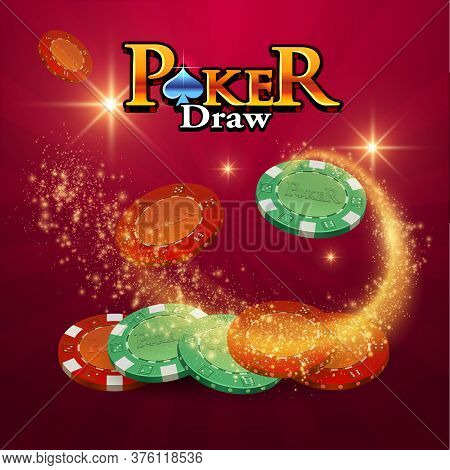 Poker Logo On A Red Background With A Swirl Of Golden Stars And A Mountain Of Chips. Vector Illustra