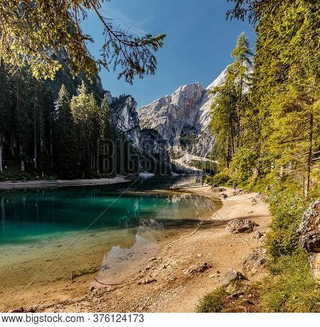 Impressive View Of Lago Di Braies At Sunrise. Trentino Alto Adidge, Dolomites Mountains, South Tyrol