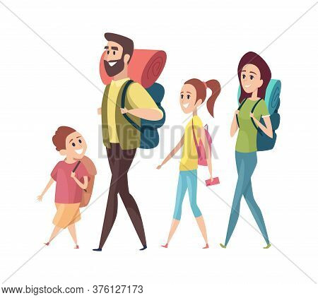 Hiking. Mom Dad Daughter Son With Backpacks. Isolated Tourists Characters Vacation Or Family Trip Ve