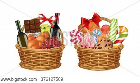 Christmas Gift Baskets. Realistic Food Packaging, Grocery Store Festive Promo Presents Vector Illust
