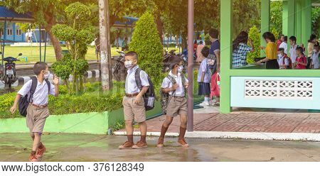 Kanchanaburi,thailand-july 2,2020:thai Students Wear Various Medical Masks To Prevent Themselves Fro