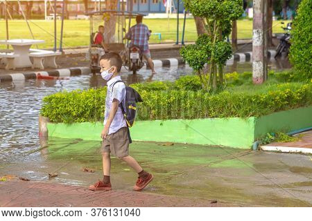 Kanchanaburi,thailand-july 2,2020:thai Students Wear Various Medical Masks To Prevent Themselves Fro