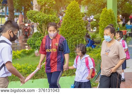 Kanchanaburi,thailand-july 2,2020:thai Students Wear Various Medical Masks To Prevent Themselves Fro