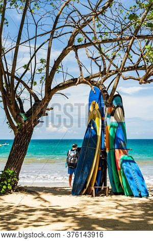 KUTA BALI - INDONESIA, FEBRUARY 7 : Surfboards on the famous beach of Kuta in Bali Indonesia February 7th, 2020