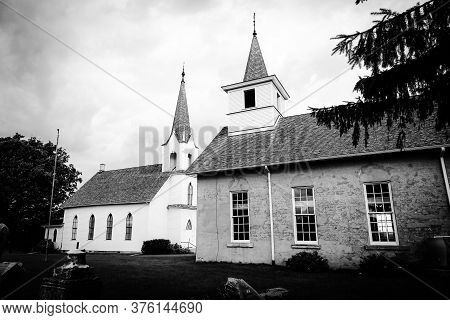 Nerstrand, Mn/usa - July 11, 2020. Valley Grove Lutheran Church, Old And New Buildings.