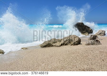 No Swimming Today, White Spray Of Big, Dangerous Waves In Sunny Summer Day After Yesterday's Storm O