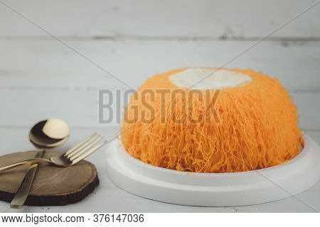 Egg Thread Cake (fios De Ovos) Topped With Creamy Coconut Whipped Cream. One Pound Size
