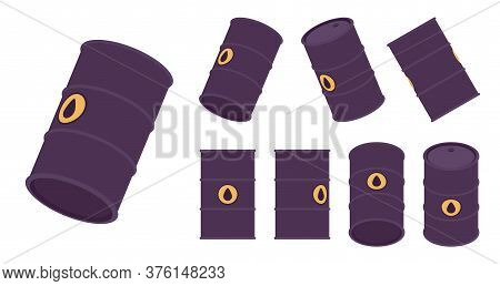 Oil Black Barrel Set With Drop Emblem. Steel Tight Head Drum For Transporting Industrial Equipment A