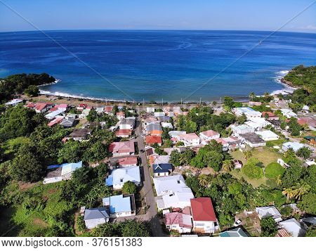 Guadeloupe Drone View. Deshaies Town And Coast In Basse-terre Island.