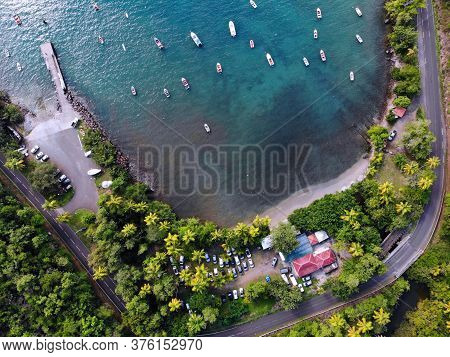 Guadeloupe Beach Drone Sunset View. Harbor Bay Aerial View In Marigot.