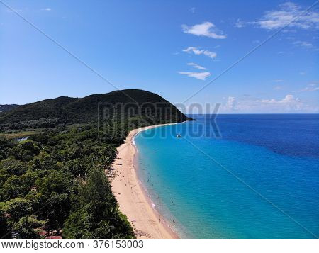 Guadeloupe Sandy Beach Drone View. Caribbean Vacation Landscape. Grande Anse Beach On Basse-terre Is