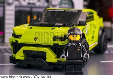 Tambov, Russian Federation - June 24, 2020 Lego Lamborghini Urus St-x Driver Minifigure With Her Car