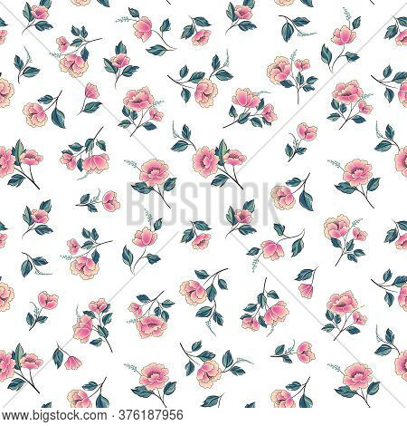 Floral Seamless Pattern. Flowers With Leaves Ornamental Background. Flourish Nature Garden Texture