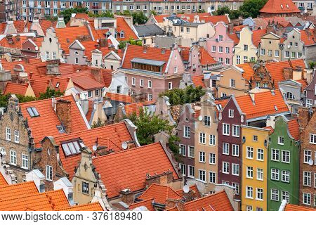 Top view of Gdansk old town with reddish tiled roofs of old town in Gdansk, Poland
