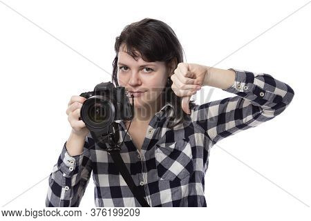 Young Female Freelance Professional Photographer Or Art Student Or Photojournalist On A White Backgr