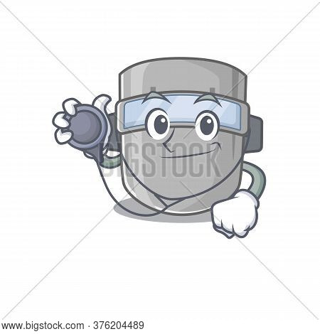 Smiley Doctor Cartoon Character Of Welding Mask With Tools