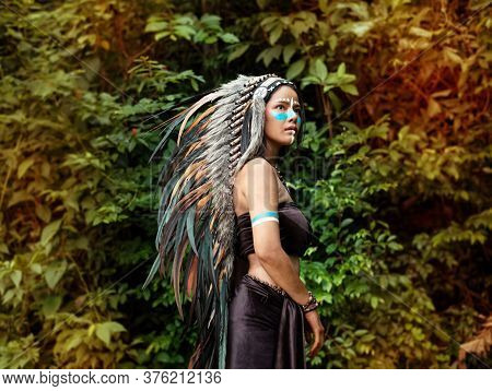 The Abstract Art Design Background Of Beautiful Woman Wearing Black Dress And Put Headdress Made Fro
