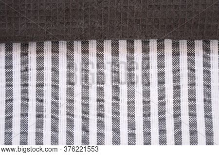 Top View New Kitchen Towels In Black Gray Strip And White Color Simple Pattern In Differnet Style On