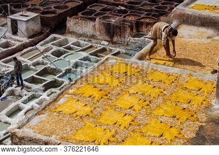 Fes, Morocco - Oct 15, 2019: Tanneries Of Fes, Morocco, Africa. Old Tanks Of The Tanneries In Fes Wi