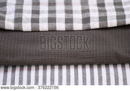 Top View New Kitchen Towels In Black Gray Strip And White Color Simple Pattern In Differnet Style On
