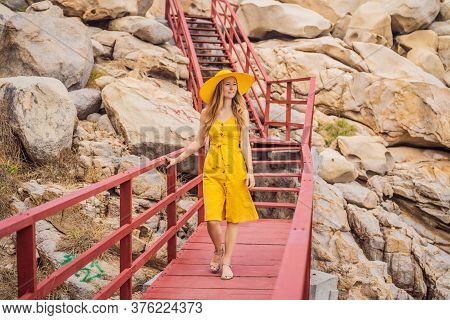 Traveler Woman Joy Fun Relaxing On Wood Bridge Looking Beautiful Destination Island. Tourism Natural