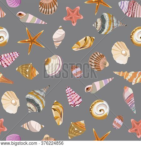 Seamless Vector Color Pattern With Shells. Hand Drawn мarine Background. Suitable For Greetings, Inv