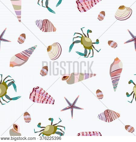 Seamless Vector Color Pattern With Shells. Hand Drawn мarine Background. Suitable For Greetings, Inv
