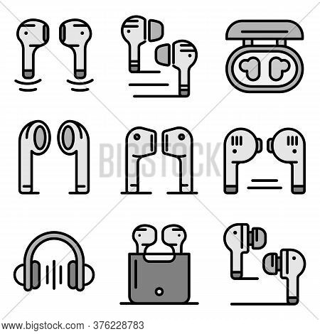 Wireless Earbuds Icons Set. Outline Set Of Wireless Earbuds Vector Icons Thin Line Color Flat On Whi