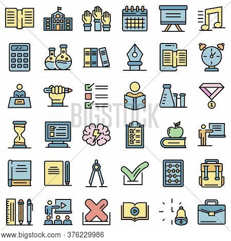 Lesson Icons Set. Outline Set Of Lesson Vector Icons Thin Line Color Flat On White