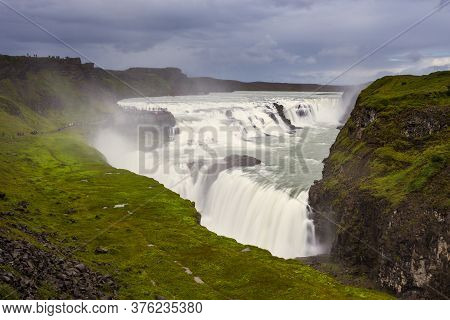 Gullfoss, Iceland- 22 August 2015: Panoramic View Of Gullfoss Waterfall On The Hvítá River, A Popula