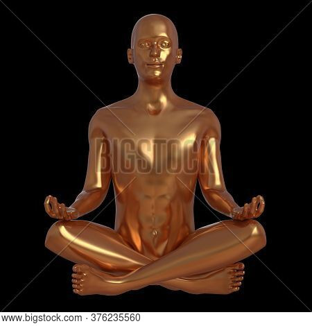 Golden Man Meditate Yoga Lotus Pose Stylized Character Portrait. Human Body Soul Mind Nirvana Balanc