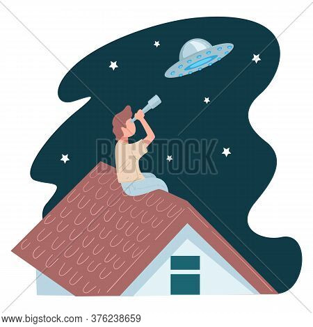 Man Looking At Mobile Telescope At Ufo In Sky