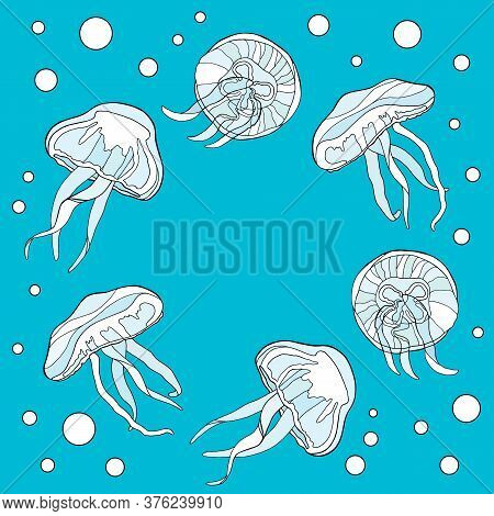 Cute Jellyfishes Swimming On Blue Water Background. Stock Vector Illustration. Underwater Frame Temp