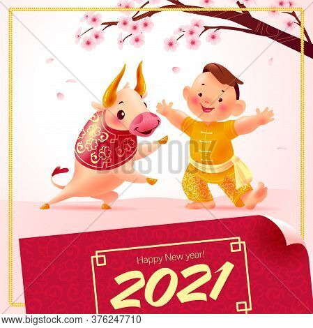 Chinese New Year Card, Invitation, Calendar Design With Traditional Decor Cherry Tree Branch In Bloo
