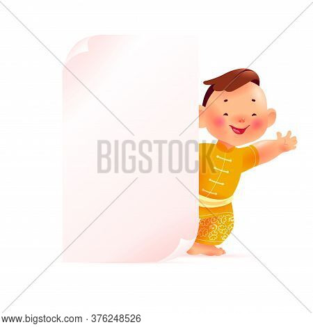 Chinese New Year Banner With Happy Boy Mascot Character In Oriental Traditional Hanfu Suit & White P