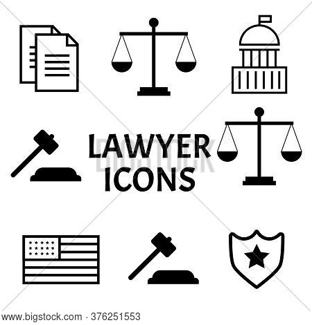 Lawyer Concept. Lawyer Icons In Flat Style. Lawyer Sign And Symbol Vector. Lawyer Set Illustration