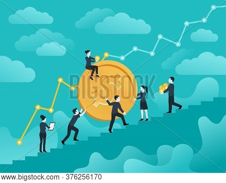 Business Planning Strategy Financial Concept - People Team Up Big Coin (with Dollar Sign) The Stairs