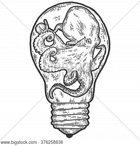 Creative, Octopus In An Aquarium Light Bulb. Sketch Scratch Board Imitation.