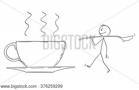 Cartoon Stick Figure Drawing Conceptual Illustration Of Big Cup Of Coffee Or Tea And Small Man Carry