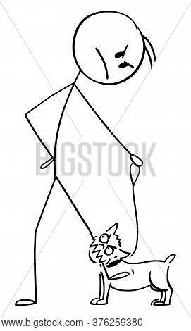 Cartoon Stick Figure Drawing Conceptual Illustration Of Angry Man, With His Own Small Aggressive Dog