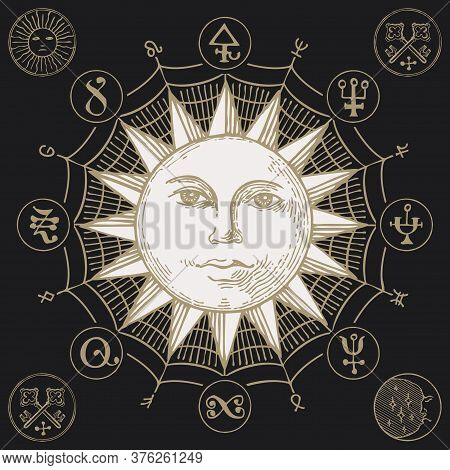 Hand-drawn Sun With Magic Symbols And Anthropomorphic Face In Retro Style On The Black Background. V