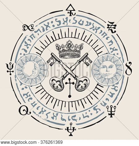 Hand-drawn Crown, Old Crossed Keys And Magical Symbols In Retro Style On A Beige Background. Vector 
