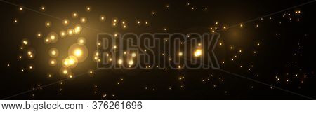 Magic Gold And Black Christmas Wide Banner With Lights. Abstract Shyning Background. Vector Illustra